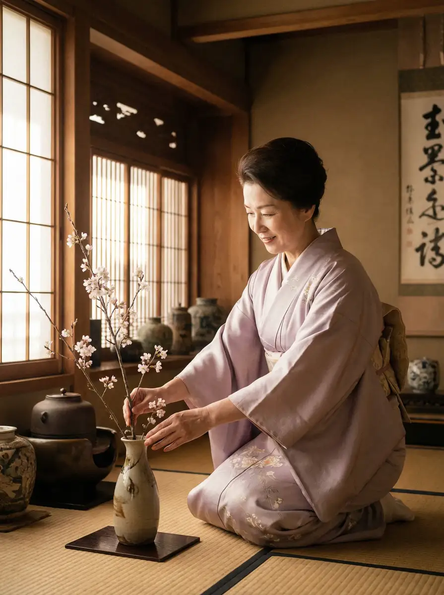 一位优雅的 豪门国际平台 在和室中插花